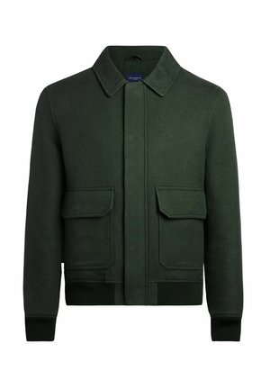 Grüne Jacke aus Wollmischung mit Kragen, zwei Fronttaschen und gerippten Bündchen an Ärmeln und Saum für zusätzliche Textur und Passform.