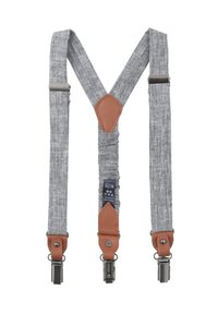 Graue Stoffhosenträger mit beige Lederakzenten, verstellbarer Länge, Y-förmiges Design, ausgestattet mit Clips und einer strukturierten Oberfläche.