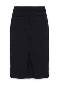 Jupe crayon noire avec une fente à l'avant, un design ajusté, deux poches arrière et un tissu lisse et texturé.
