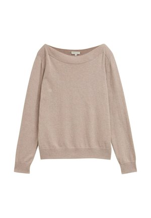 Beige gebreide trui met lange mouwen, wijde bootnek en geribde manchetten en zoom, maat medium.