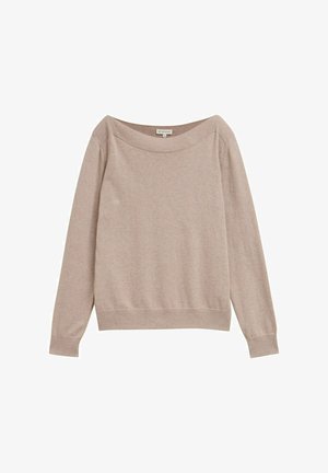 Pull en maille beige à manches longues avec un large col bateau et des poignets et un ourlet côtelés, taille moyenne.
