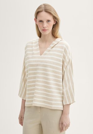 Pullover a righe beige e bianche con scollo a V e cappuccio, caratterizzato da maniche ampie e una vestibilità comoda, realizzato in un tessuto morbido e testurizzato.