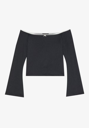 Black off-the-shoulder crop top featuring long bell sleeves, a smooth texture, and a white trim along the neckline. Back has a decorative knot detail.