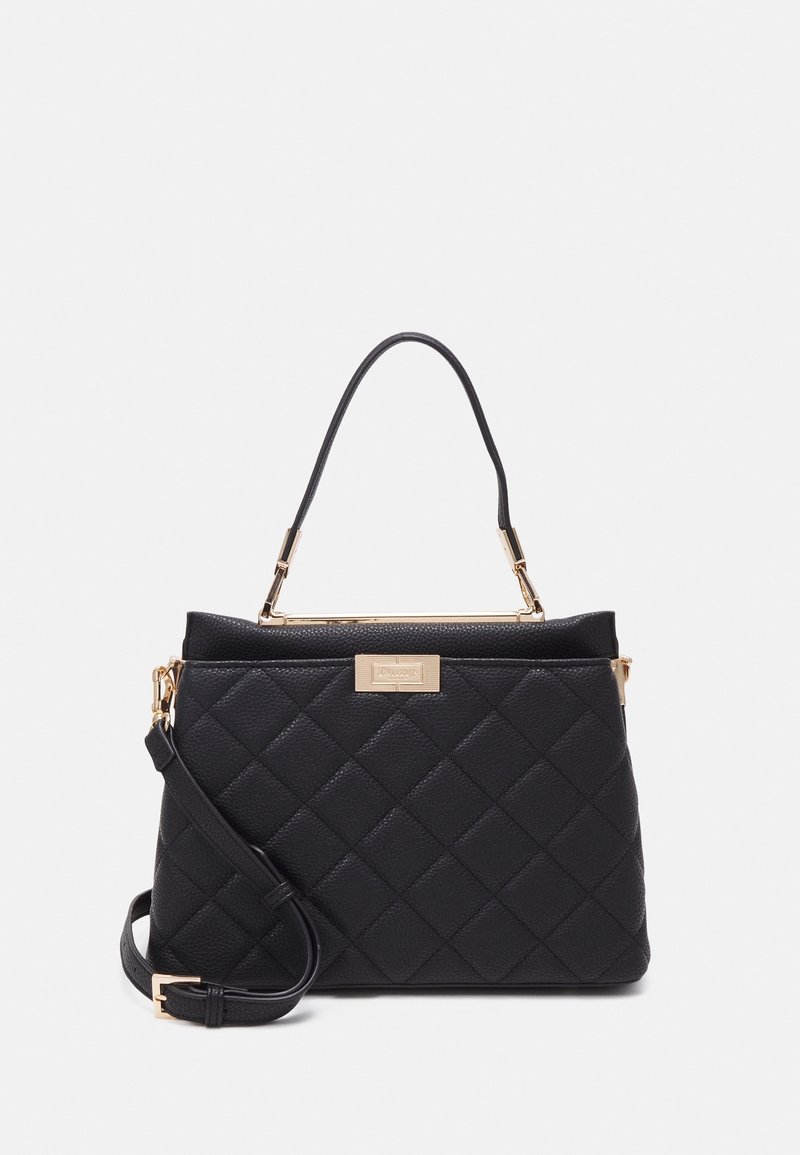 Borsa nera trapuntata con design strutturato, ferrature color oro, doppio manico e tracolla removibile.