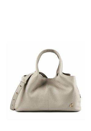 Sac à main en cuir gris clair avec deux poignées arrondies, une bandoulière détachable et réglable, et un petit logo doré dans le coin inférieur droit.