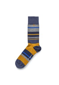 Multicolored socks featuring horizontal stripes in navy, gray, blue, and mustard yellow; cotton blend, ribbed cuff, and smooth texture.