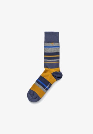Calzini multicolori con righe orizzontali in navy, grigio, blu e giallo senape; in misto cotone, con bordo a coste e texture liscia.
