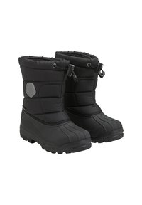 Svarta isolerade stövlar med ett vadderat ovandel i tyg, gummisula och dragsko för justering. Lämpliga för kalla väderförhållanden.