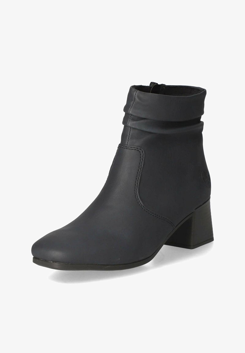 Black leather ankle boot with a slightly pointed toe, slouchy cuff, and a low stacked heel. Smooth texture, minimal stitching detail.