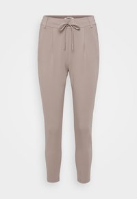 Světlé taupe kalhoty z hladkého, elastického materiálu. Mají stahovací pas, sklady na přední straně a zúžený střih nohavic.