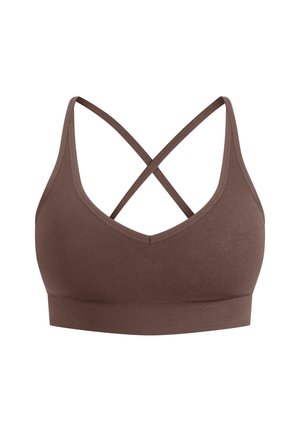 Hnědý bezšvový bralet s hlubokým výstřihem do V, širokým podprsenkovým pásem a křížovými ramínky. Vyrobeno z měkké, elastické tkaniny s hladkým povrchem.