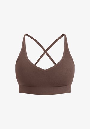 Bralette marron sans coutures avec un décolleté en V profond, une large bande sous la poitrine et des bretelles croisées. Confectionnée en tissu doux et extensible avec une texture lisse.