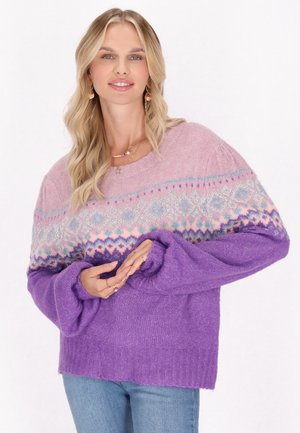 Maglione a maglia viola con uno scollo a V a fantasia rosa e blu. Presenta una vestibilità comoda, orlo a coste e una texture morbida. Maniche lunghe con polsini voluminosi.