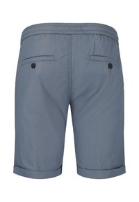 Grå herrshorts med elastisk midja, två bakfickor med knappar och upprullade fållar. Tillverkade av ett lätt tyg.