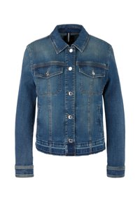 Veste en denim bleu avec fermeture à boutons, deux poches poitrine à rabat avec boutons, manches longues et col classique.