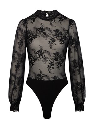 Sort langærmet body i blonder med blomsterprint, gennemsigtig mesh-overside, bølget høj halsudskæring og ensfarvet sort bundstykke.