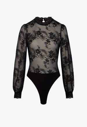 Sort langærmet body i blonder med blomsterprint, gennemsigtig mesh-overside, bølget høj halsudskæring og ensfarvet sort bundstykke.