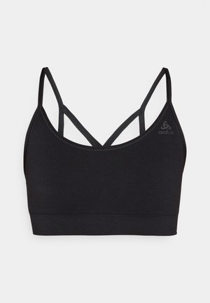 Mustmustükk must sportbra, millel on reguleeritavad õhukesed rihmad ja ümar kaelus. Valmistatud siledast kangast, millel on külje peal diskreetne logo.