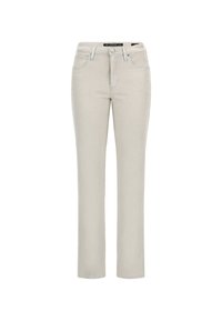 Jeans beige a gamba dritta con cinque tasche, chiusura con bottone e passanti per la cintura. Tessuto morbido con una texture liscia e design minimalista.