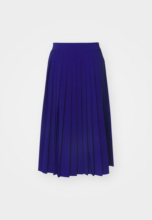 Faldă pliată de un albastru vibrant, având o talie lată și un material texturat. Lungimea coboară sub genunchi, evidențiind un design uniform de pliseuri.