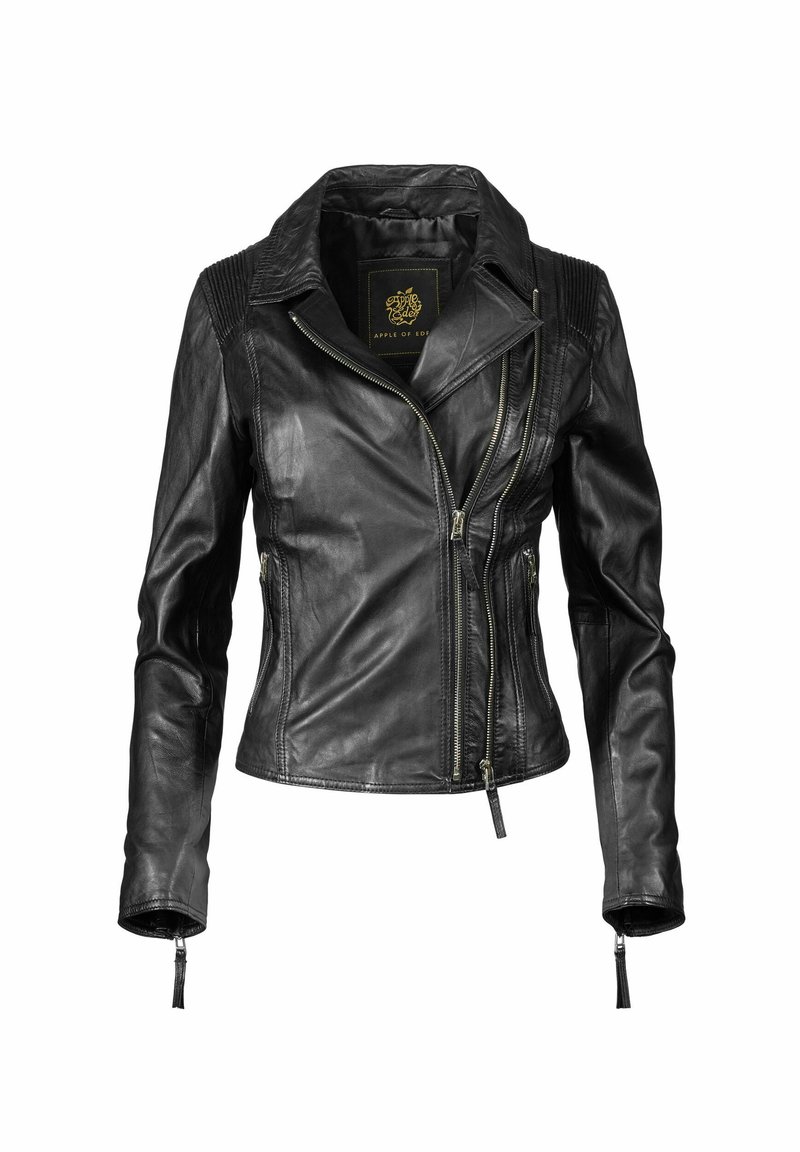 Zwarte leren motorjack met een slim fit ontwerp, asymmetrische rits, geborduurde schouderaccenten en ritsmanchetten. Soepele textuur.