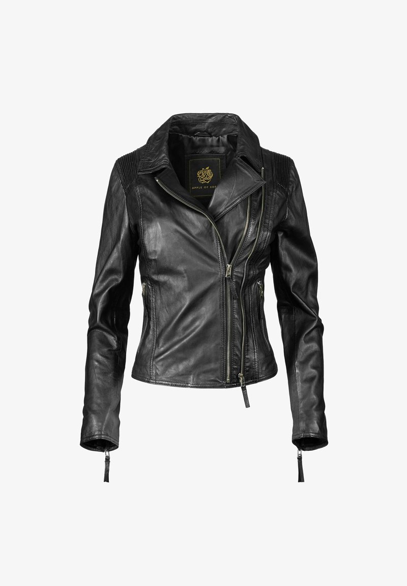 Zwarte leren motorjack met een slim fit ontwerp, asymmetrische rits, geborduurde schouderaccenten en ritsmanchetten. Soepele textuur.