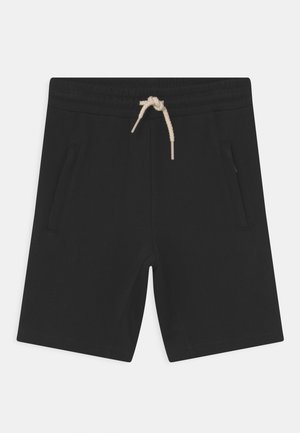 Schwarze Freizeitshorts mit elastischem Bund und weißem Kordelzug, mit Seitentaschen und geradem Schnitt.