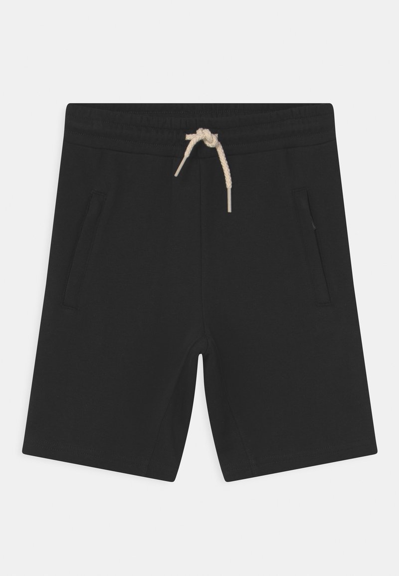 Shorts noirs décontractés avec taille élastique et cordon blanc, dotés de poches latérales et d'une coupe droite.