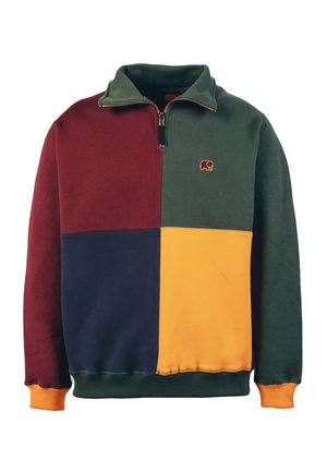Kleurenblokkering sweatshirt met groene, bordeauxrode, marineblauwe en mosterdsecties. Ritsontwerp met een olifantenlogo op de borst. Zachte textuur.