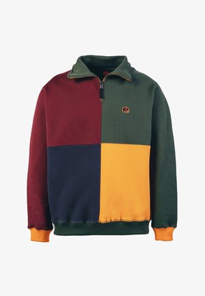 Blockfarbener Sweatshirt mit Abschnitten in Grün, Burgunderrot, Marineblau und Senfgelb. Reißverschlusskragen-Design mit einem Elefantenlogo auf der Brust. Weicher Stoff.