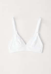 Biely trojuholníkový bralet s nastaviteľnými popruhmi, vyrobený z jemnej látky, s bezšvovým dizajnom a bez kostíc.