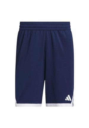 Navy athletic shorts made of lightweight fabric, featuring an elastic waistband, white accents on the hem, and a logo in the lower corner.