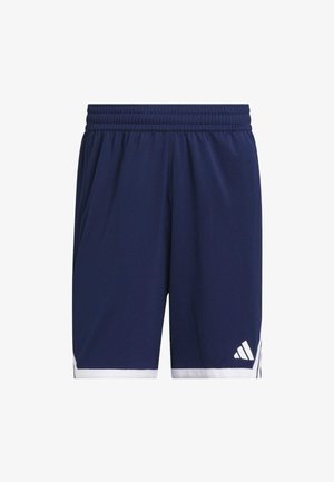 Marineblaue Sportshorts aus leichtem Material, mit einem elastischen Bund, weißen Akzenten am Saum und einem Logo in der unteren Ecke.