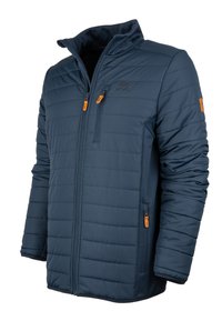 Blaue gepolsterte Jacke mit gestepptem Muster, ausgestattet mit einem hohen Kragen, einem Frontreißverschluss und orangefarbenen Akzenten an den Reißverschlüssen und Ärmeln.