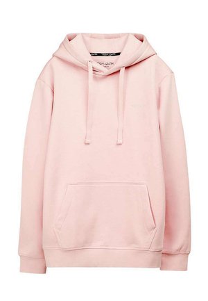 Sweat à capuche rose clair avec poche kangourou à l'avant, capuche réglable par cordon et petit logo discret sur la poitrine.