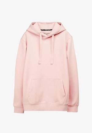 Sweat à capuche rose clair avec poche kangourou à l'avant, capuche réglable par cordon et petit logo discret sur la poitrine.