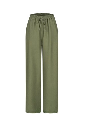 Hlače širokih nogavica u oliivnozelenoj tkanini. Imaju elastičnu sredinu s vezicom. Glatka tekstura i ravna silueta.