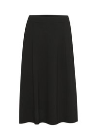 Zwarte A-lijn rok met een gladde textuur, heeft een aansluitende tailleband en een vloeiende silhouet, zonder zichtbare patronen of accenten.