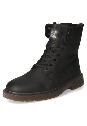 Black leather ankle boots with textured surface, laces, metal eyelets, a QR code on the side, and a brown rubber sole.
