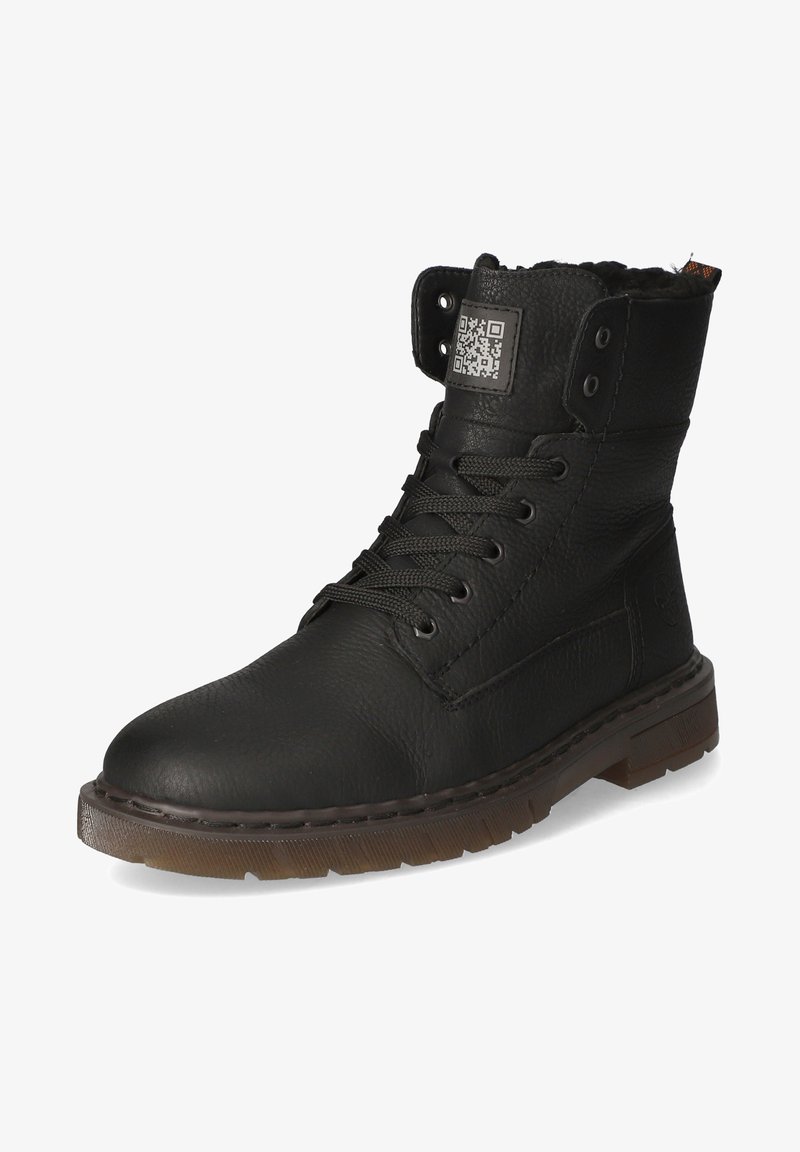 Black leather ankle boots with textured surface, laces, metal eyelets, a QR code on the side, and a brown rubber sole.