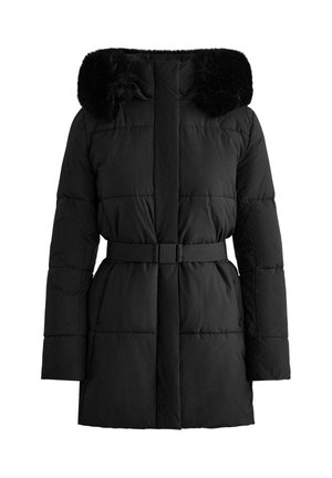 Čierna puffrová bunda s kapucňou z umelého kožušiny, opaskovým pásom, prešívanou textúrou, dlhými rukávmi a šikmými vreckami. Hladká, teplá látka.