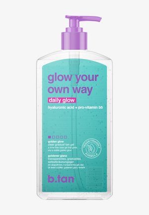 Clear pump bottle of b.tan Daily Glow tan gel with purple pump and teal label highlighting hyaluronic acid and pro-vitamin b5, vegan formula.