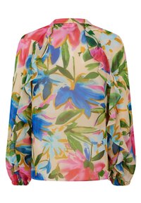 Blusa floreale in tessuto trasparente e leggero. Presenta fiori blu, rosa e verdi su uno sfondo crema. Maniche a volant e scollo rotondo.