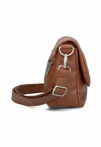 Borsa a tracolla in pelle marrone, di forma rettangolare, con tracolla regolabile, accessori in metallo argentato e una tasca laterale con zip.