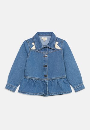 Giacca di jeans con maniche lunghe, bottoni frontali, orlo a balza e motivi di coniglietti ricamati di bianco sulla spalla.