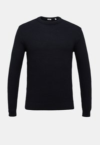 Maglione lavorato a maglia blu navy con un motivo tessuto, colletto rotondo e maniche lunghe. Presenza di polsini e orlo a costine.