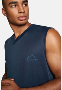 Marineblauses ärmelloses Sportshirt mit V-Ausschnitt und Logo, aus einem glatten, leichten Material gefertigt, mit tailliertem Design und minimalen Nähten.
