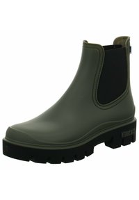 Bota de goma verde hasta el tobillo con panel lateral elástico, suela negra texturizada y marca en el talón. Acabado suave con punta redondeada.