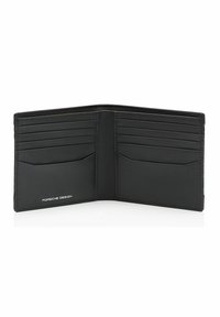 Portafoglio in pelle nera con un design minimalista, dotato di più scomparti per carte, texture liscia e logo "PORSCHE DESIGN" in rilievo all'interno.