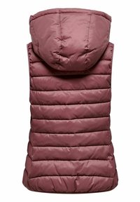 Kamizelka pikowana w stonowanym różowym kolorze z kapturem, wyposażona w poziome pikowane sekcje i gładką, błyszczącą fakturę.